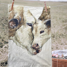 Load image into Gallery viewer, rustic tea towel with cows on them