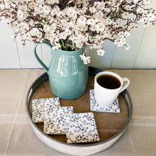 Load image into Gallery viewer, coasters with small blue and grey leaf design