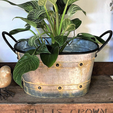 Load image into Gallery viewer, oval metal planter with two rows of studs