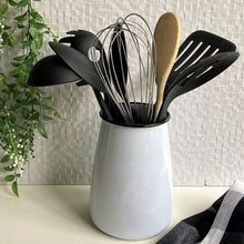 Load image into Gallery viewer, white enamel utensil holder with black rim for the kitchen
