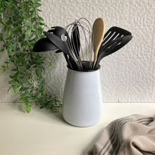 Load image into Gallery viewer, white and black enamel utensil holder for the kitchen
