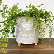 Load image into Gallery viewer, honey bees metal plant pot with embossed bee and wreathes
