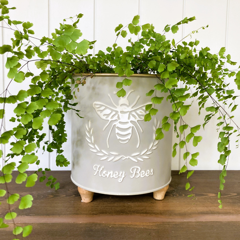 honey bees metal plant pot with embossed bee and wreathes