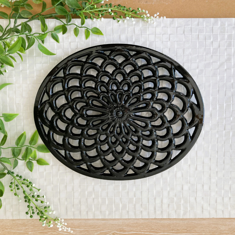 enamel trivet black oval farmhouse style