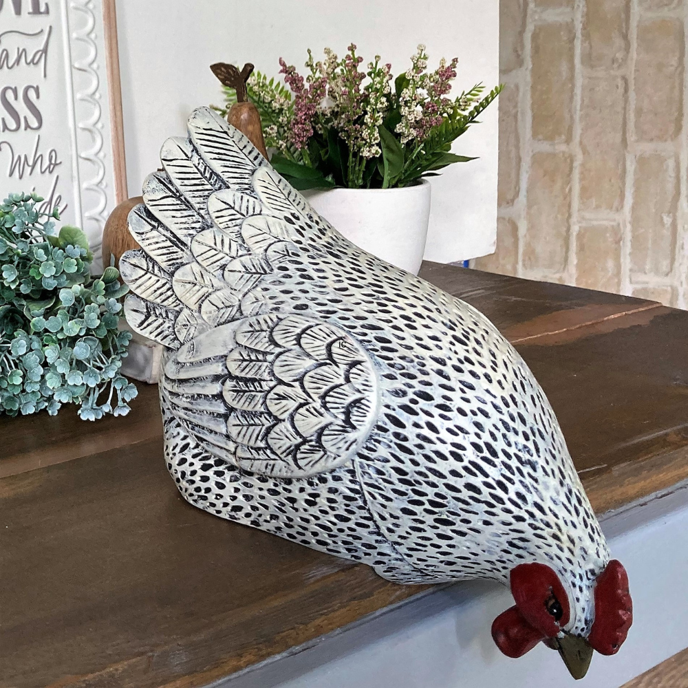 white chook sitting on a ledge looking down