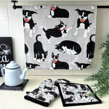 Load image into Gallery viewer, cotton tea towel with black kelpie design
