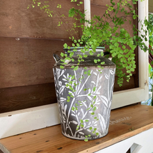 Load image into Gallery viewer, farmhouse style metal vase with a leaf pattern and handles
