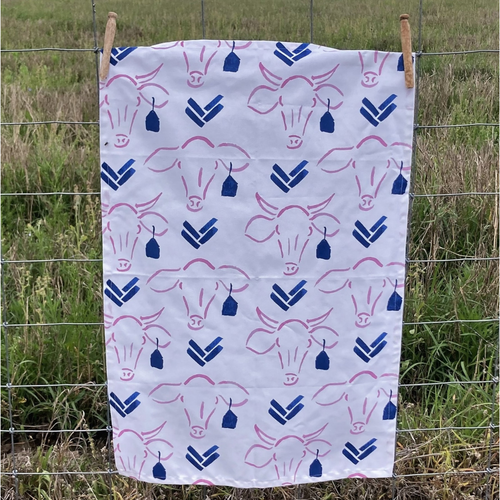 cow tea towel navy and pink Australian made