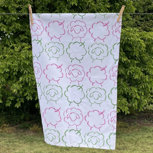 Australian made sheep tea towel in green and pink